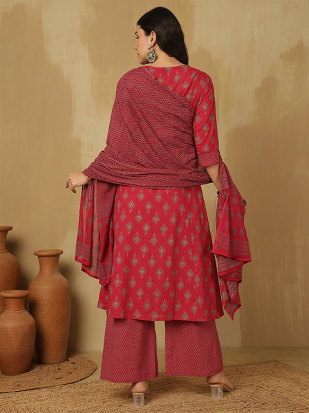 Women Red Block Printed A-line Kurta with Trouser & Dupatta