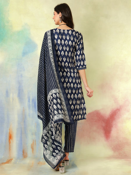 Women Blue Viscose Rayon Discharge Printed Kurta with Trouser & Dupatta