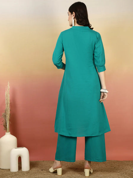 Women Solid Cotton Flex A-line Pocket Kurta with Palazzo Set
