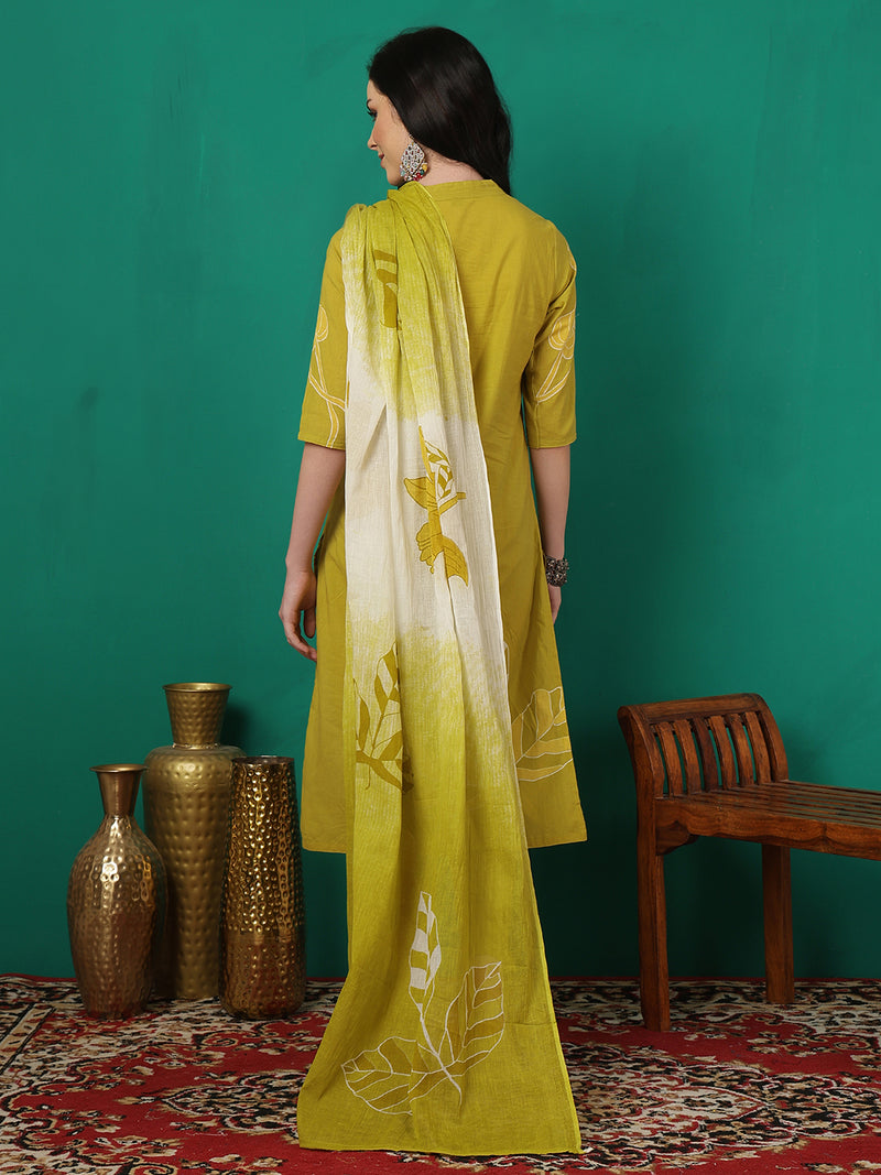 ANAISA Women Cotton Placement Print Straight Kurta with Trouser & Dupatta