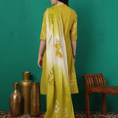ANAISA Women Cotton Placement Print Straight Kurta with Trouser & Dupatta