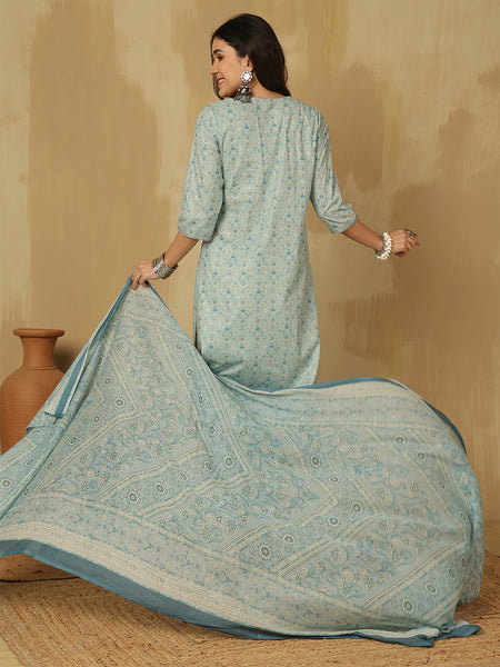 Women Blue Yoke Embroidery Printed kurta With Trouser & Dupatta