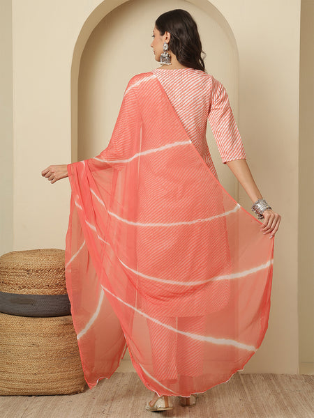 Women Cotton Printed Pink Straight Kurta with Trouser & Dupatta