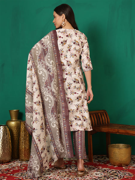 Women Brown Floral Printed Yoke Embroidery Kurta with Trouser & Dupatta