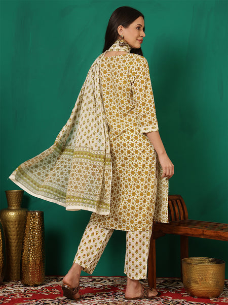 Women Cotton Beige Printed Kurta with Trouser & Dupatta