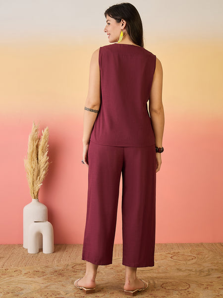 Women Cotton Maroon Embroidery Top With Trouser Co-ord Set