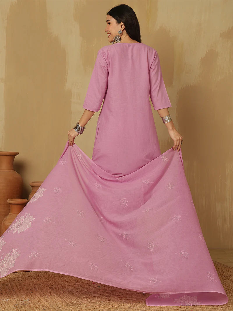 Women Cotton Discharge Printed A-line Kurta with Trouser & Dupatta