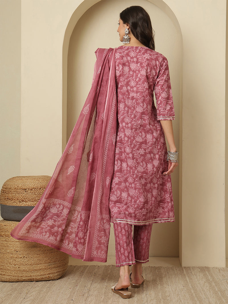 Women Cotton Printed Nayra Cut, Round Neck Kurta with Trouser & Dupatta