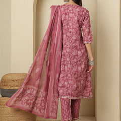 Women Cotton Printed Nayra Cut, Round Neck Kurta with Trouser & Dupatta