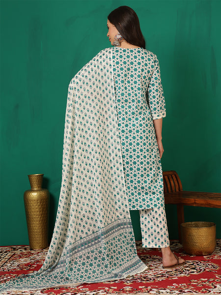Women Cotton Light Blue Printed Kurta with Trouser & Dupatta