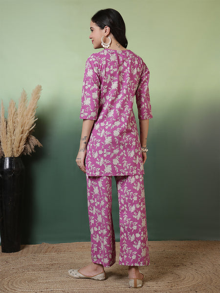 Women Blue Cotton Flex Printed Top with Trouser Co-ord Set: