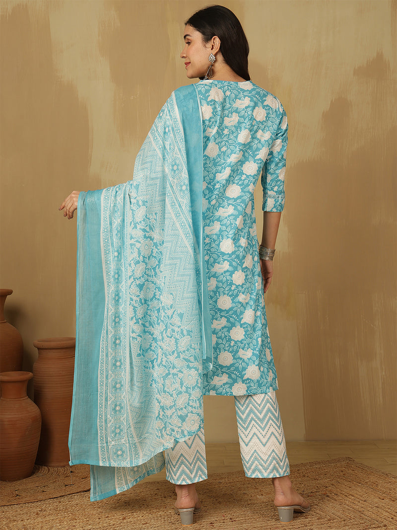 Women Sky blue Cotton Floral Printed Kurta With Trouser & Dupatta