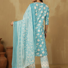Women Sky blue Cotton Floral Printed Kurta With Trouser & Dupatta