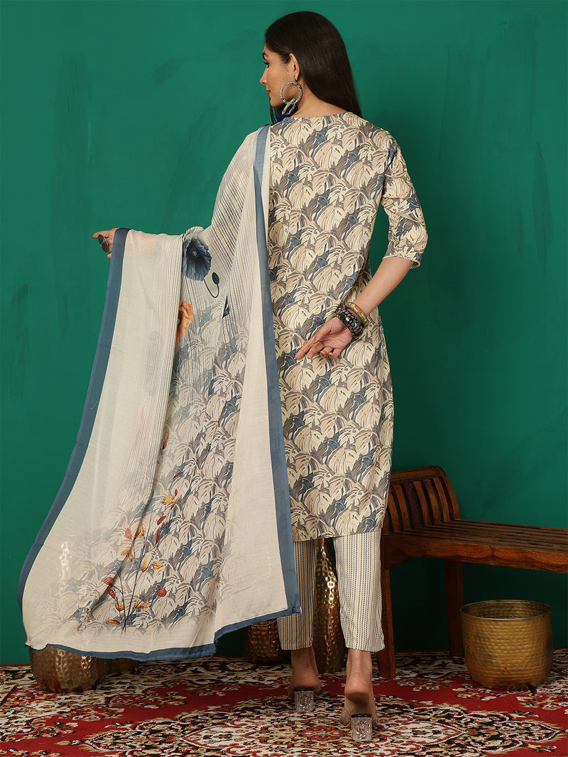 Women Ice Blue Yoke Embroidery Kurta with Trouser & Dupatta