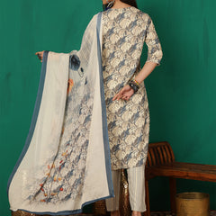 Women Ice Blue Yoke Embroidery Kurta with Trouser & Dupatta