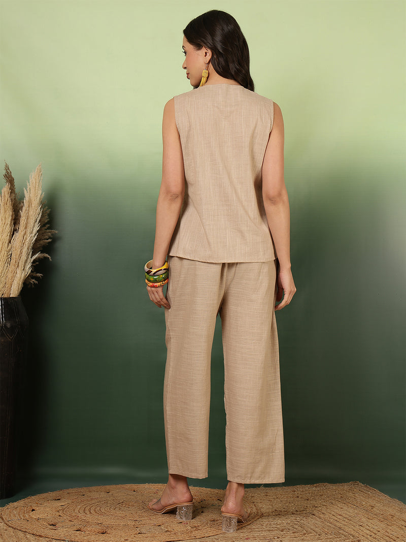 Women Cotton Beige Embroidery Top With Trouser Co-ord Set