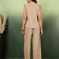 Women Cotton Beige Embroidery Top With Trouser Co-ord Set