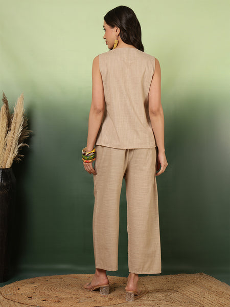 Women Cotton Beige Embroidery Top With Trouser Co-ord Set