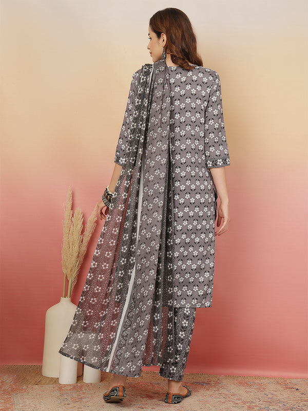 ANAISA Women Viscose Rayon Round Neck, Calf Length, Printed Kurta with Trouser & Dupatta