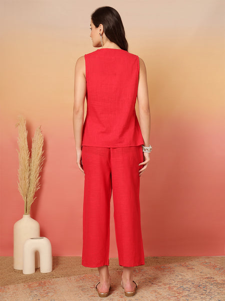 Women Cotton Red Embroidery Top with Trouser Co-ord Set