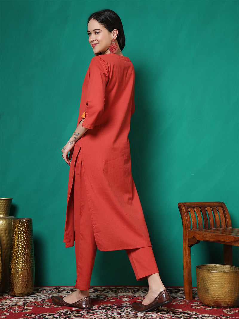 Women Lavender Cotton Flex Hand Work Kurta with Trouser Set