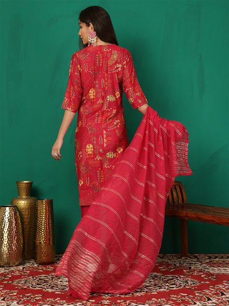 Women Red Yoke Embroidery Kurta with Trouser & Dupatta