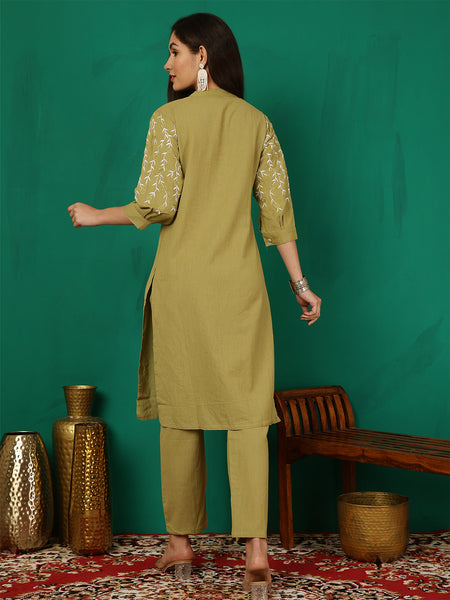 Women Olive Green Solid Embroidery Cotton Flex Kurta with Trouser