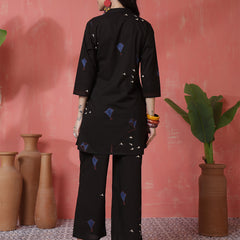 Women Black Pure Cotton Printed Top with Palazzo Co-ord Set