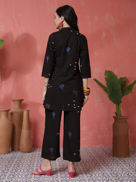 Women Black Pure Cotton Printed Top with Palazzo Co-ord Set