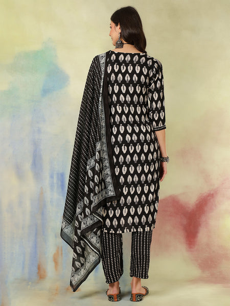 Women Black Viscose Rayon Discharge Printed Kurta With Trouser & Dupatta