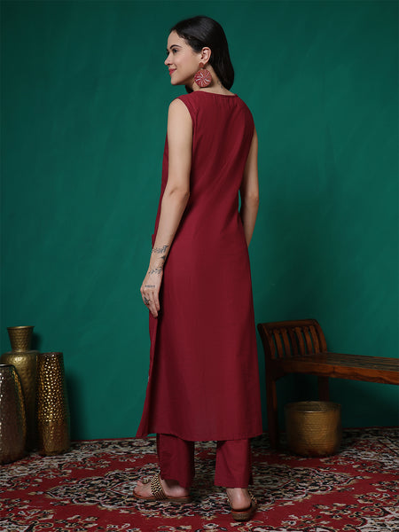 Women Cherry Red Pure Cotton Embroidery Kurta with attached sleeves and Palazzo Set