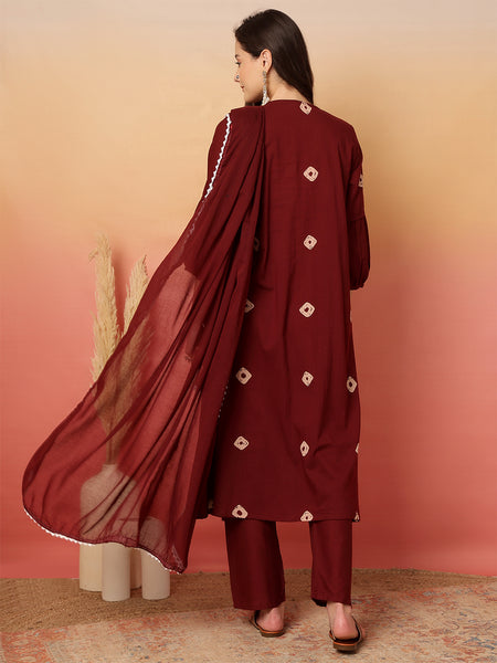 Women Pure Cotton Maroon Abstract Printed A-line Kurta with Palazzo Set