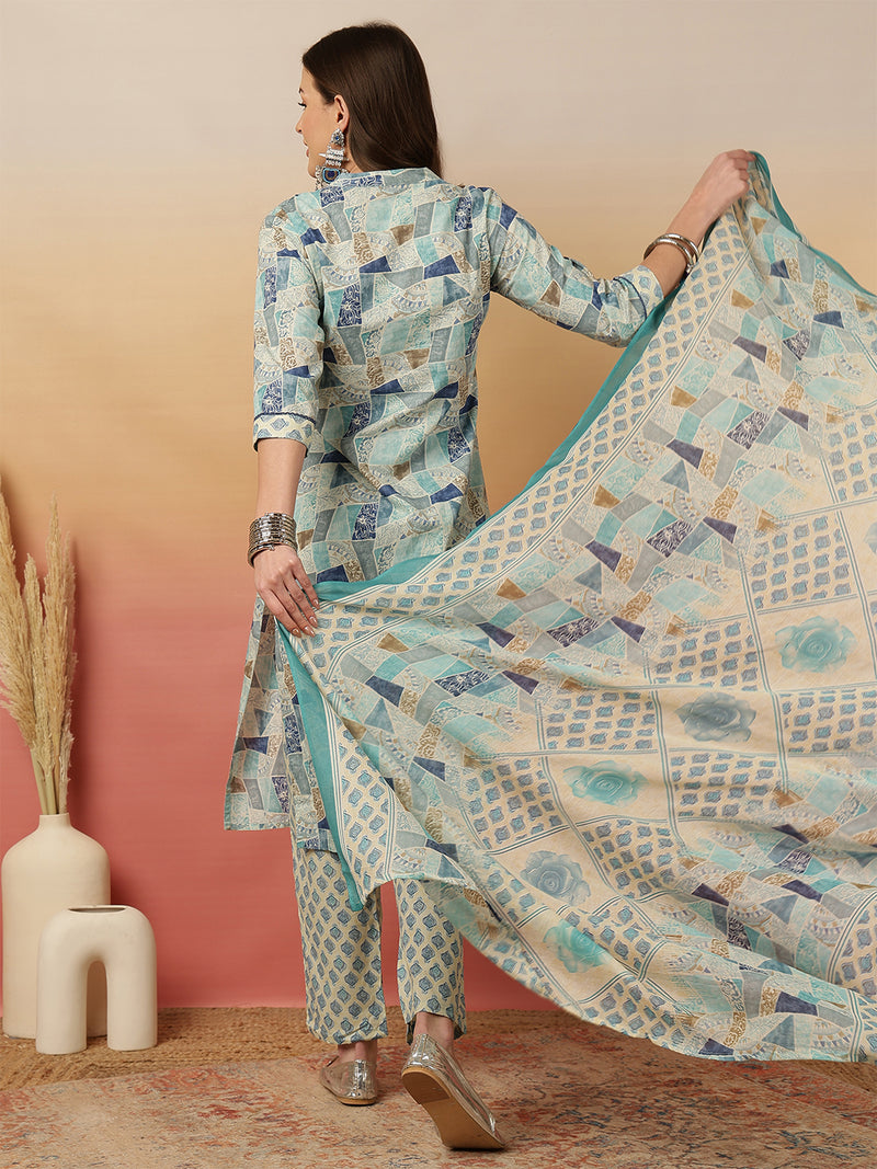 Women Blue Digital Printed V-neck Kurta with Trouser & Dupatta