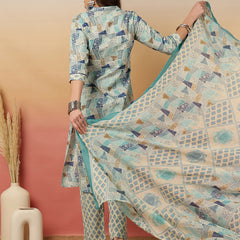 Women Blue Digital Printed V-neck Kurta with Trouser & Dupatta