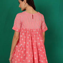 ANAISA Women Cotton Pink Printed, Round Neck, Short Sleeves, Regular Length Fit & Flare Top