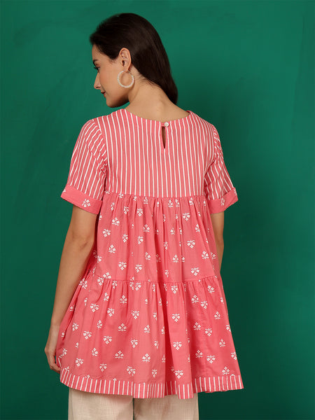 ANAISA Women Cotton Pink Printed, Round Neck, Short Sleeves, Regular Length Fit & Flare Top
