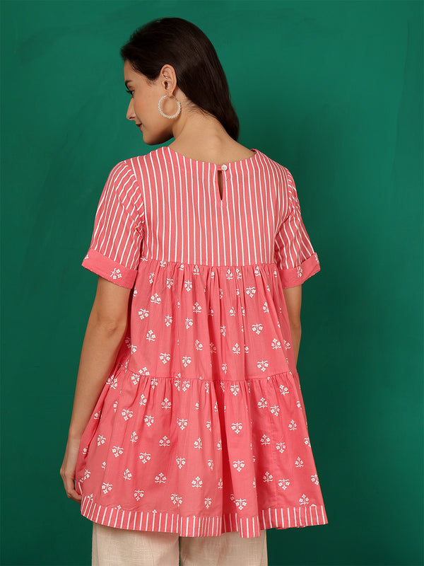 ANAISA Women Cotton Pink Printed, Round Neck, Short Sleeves, Regular Length Fit & Flare Top
