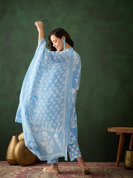 Women Cotton Light Blue Printed Hand Work Yoke Staright Kurta with Printed Trouser & Dupatta