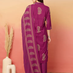 Women Pink Cotton Printed V-neck Straight Kurta with Trouser & Dupatta
