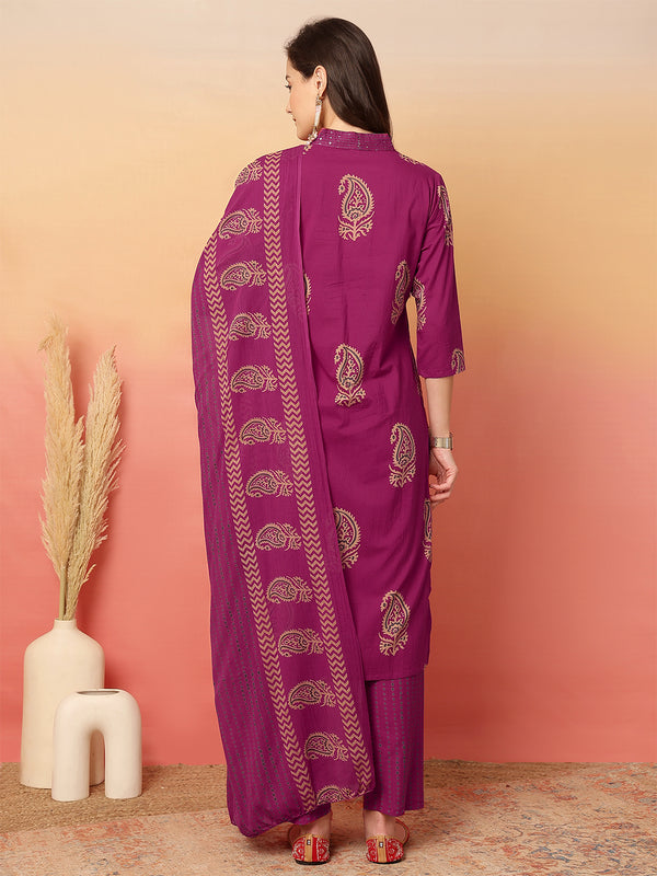Women Pink Cotton Printed V-neck Straight Kurta with Trouser & Dupatta