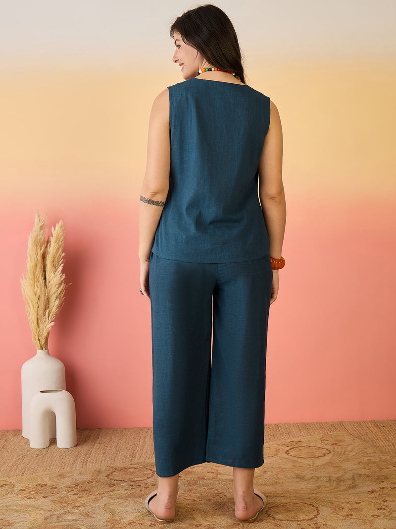 Women Cotton Navy Blue Embroidery Top With Trouser Co-ord Set