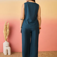 Women Cotton Navy Blue Embroidery Top With Trouser Co-ord Set