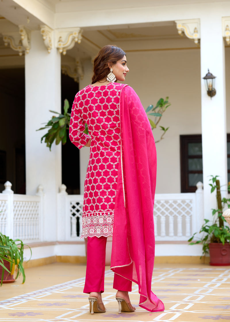 ANAISA Women cotton Schiffli embroidered Kurta with Trouser & Dupatta