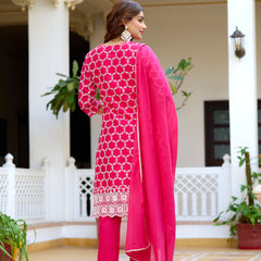ANAISA Women cotton Schiffli embroidered Kurta with Trouser & Dupatta