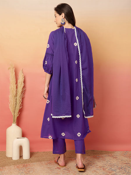 Women Cotton Purple Embroidery Anarkali Kurta with Trouser & Dupatta