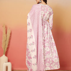 ANAISA Women Cotton Light Pink Floral Printed V-neck,Calf Length  Anarkali Kurta with Pant & Dupatta