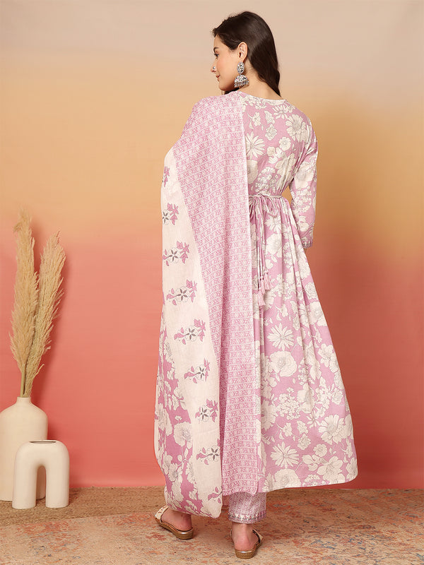 ANAISA Women Cotton Light Pink Floral Printed V-neck,Calf Length  Anarkali Kurta with Pant & Dupatta