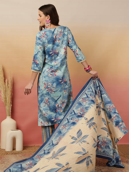 Women Blue Printed Yoke Embroidery Kurta with Trouser & Dupatta
