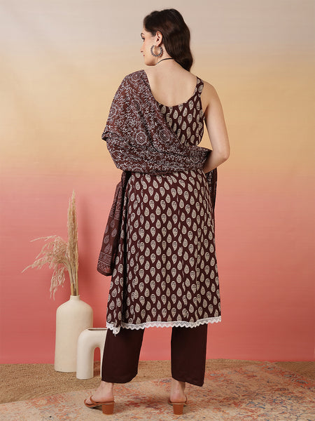Women Brown Discharge Print Anarkali Kurta With Trouser & Dupatta