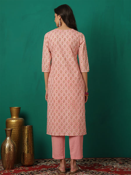 Women Pink Straight, Round Neck, Calf Length Kurta with Trouser